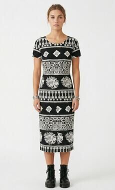 Vintage 90s Infatuation Whimsygoth Midi Dress Black and White M Boho Print